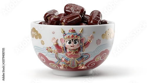 A decorative white bowl with a traditional Chinese deity design filled with dark red dates on a white background.