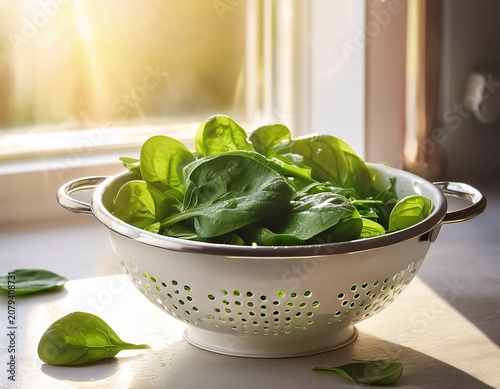 fresh spinach leaves in white colander near window with sunlight