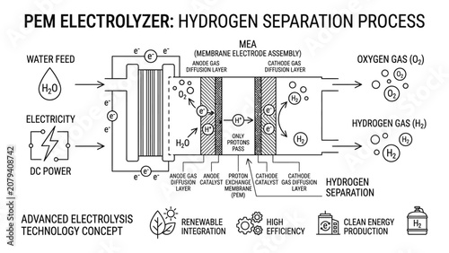 Technical Diagram Illustrating PEM Electrolyzer Hydrogen Separation Process.