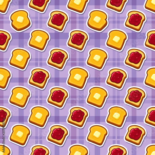 Toast with Jam and Butter on Plaid Background Pattern