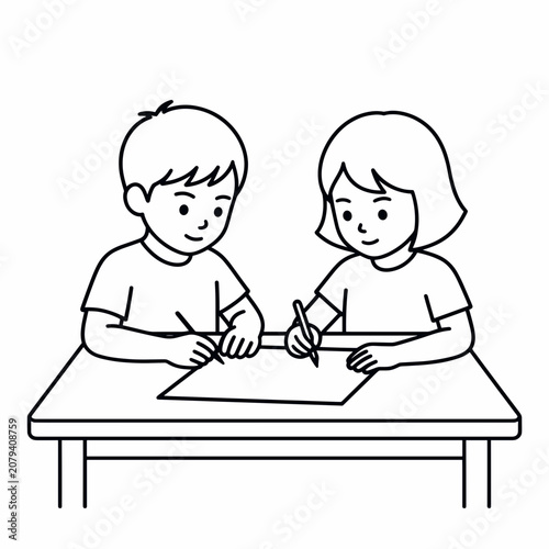 Two Children Drawing Together at a Desk in Classroom Setting