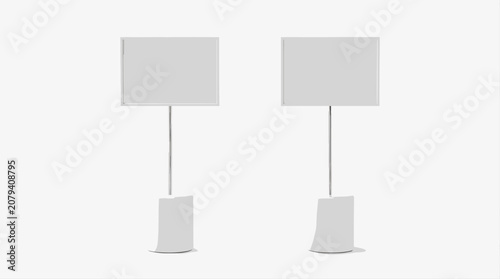 Two Minimalist White Signposts on Cylindrical Bases Against Clean Studio Backdrop