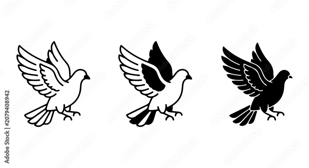 Fototapeta premium Elegant Dove Icons, Flying Bird Vector Graphics, Symbol of Peace and Freedom, Black White and Silhouette