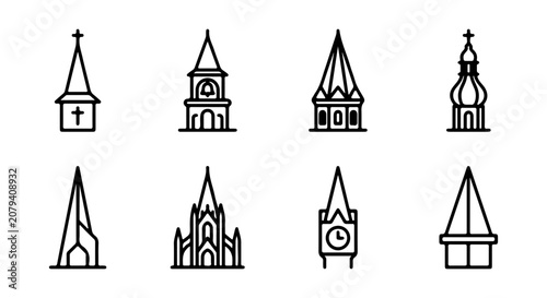 Schilderij op canvas Vector Set of Diverse Church Spires, Gothic Architecture, Religious Buildings, A