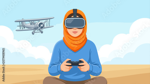 Woman Wearing Hijab Playing VR Game with Biplane Flying in Background