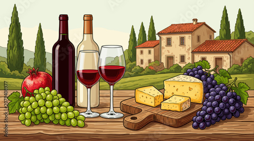 Wine and Cheese Spread on Rustic Wooden Table in Tuscan Countryside