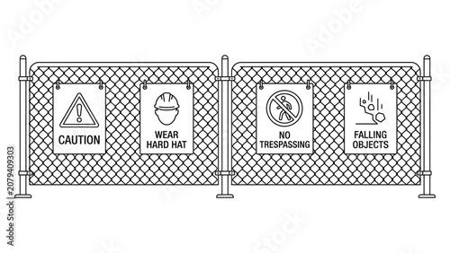 Construction site chain link fence with various safety warning signs.