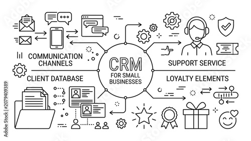 CRM for small businesses hand drawn infographic concept.
