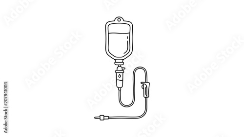 Hand drawn doodle of an intravenous IV drip bag and medical tubing.