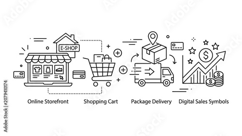 Hand drawn doodle set of online shopping and ecommerce process icons.