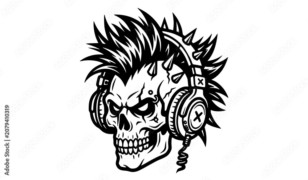 Obraz premium Punk rock skull headphones illustration