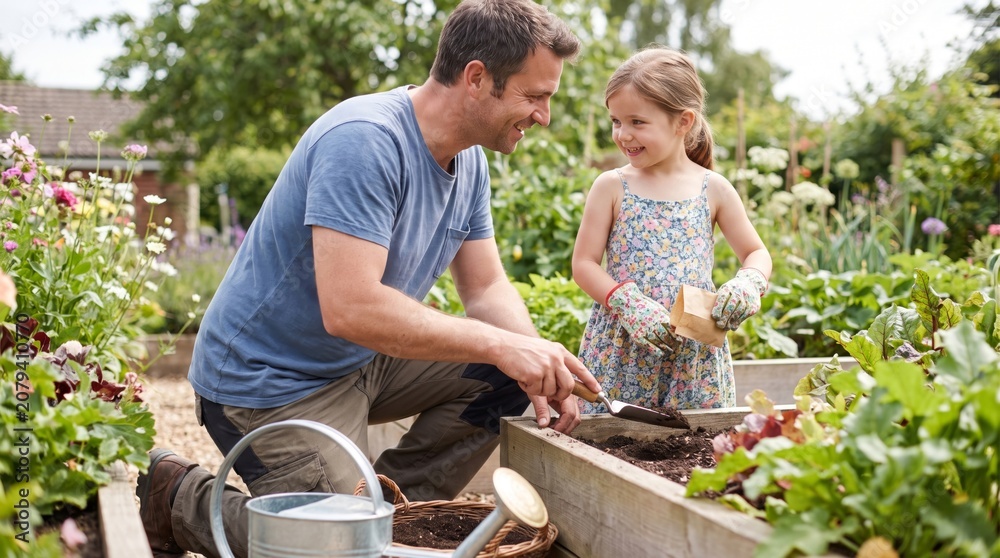 Obraz premium A smiling Caucasian father and his daughter enjoy planting in their backyard garden, sharing a joyful moment filled with laughter.