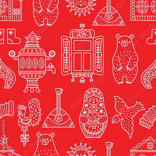 Tableau sur toile Russia travel and culture seamless pattern with  Russian bear, matryoshka doll, samovar and traditional elements