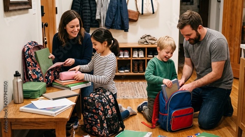 Family preparing for school packing backpacks with books and supplies at home