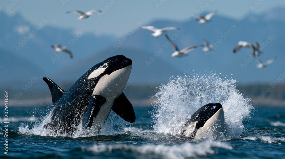 Obraz premium two orcas are breaching from the sea, one on the left showing its entire body above the water, the other on the right partially submerged in a large splash. the ocean is blue with
