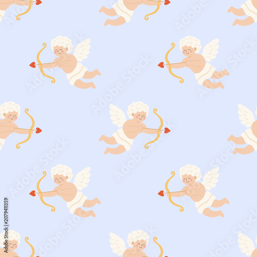 Obraz na plátně Cupid flying angel with golden bow and arrow seamless pattern on soft violet bac