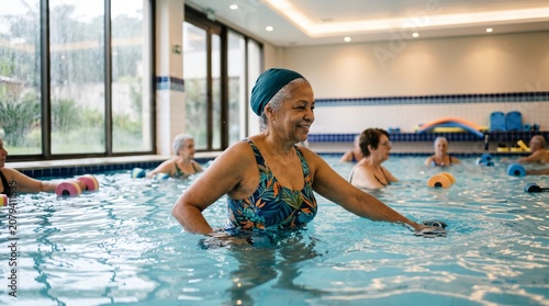 Diverse group of senior adults enjoying a water aerobics class in a bright indoor swimming pool