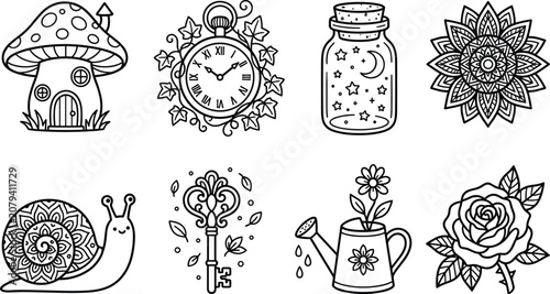 Fantasy Doodle and Magical Object Illustration Set with Mushroom House Clock Mandala Rose Snail Decorative Key and Mystic Vector Collection