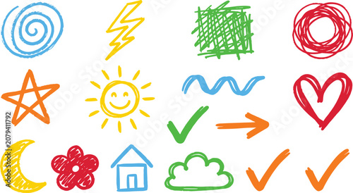 Hand Drawn Doodle Symbol Collection with Sketch Icons Heart Star Arrow Sun Cloud Check Mark and Creative Vector Illustration Set