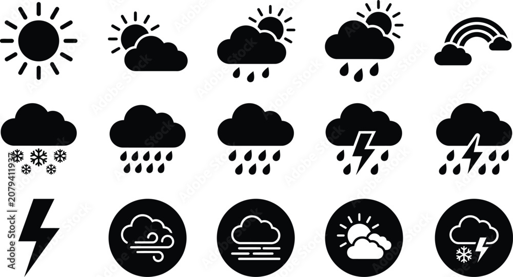 Naklejka premium Silhouette weather icons set in black silhouette style on white background for design