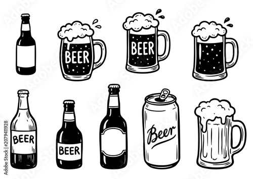Set of black beer bottles, mugs, and cans. Beer collection illustration, doodle style bottles, glasses. Craft beer elements, vector icons of beer mugs and containers. Bar and pub menu design elements