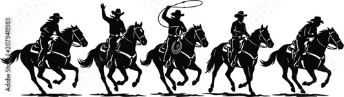 Cowboy on Horseback Silhouette Vector Set with Lasso Showing Western Rodeo Riders in Black and White
