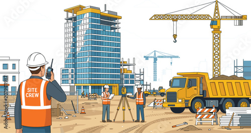 Construction Site Vector Illustration with Workers, Crane, Truck and Building, Engineering and Architecture Industry Concept Design