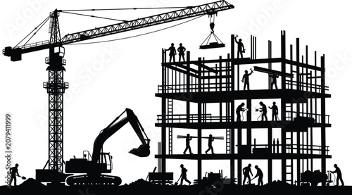 Construction Site Silhouette Vector with Crane, Excavator, Building Structure and Workers Showing Industrial Construction Process