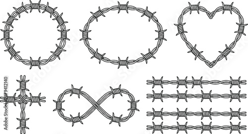  Barbed Wire Vector Set with Circle, Oval, Heart, Cross and Infinity Shapes for Border and Frame Design