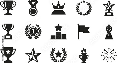 Award and Trophy Icon Set with Medal, Crown, Wreath, Star, Flag and Fireworks Vector Symbols for Achievement