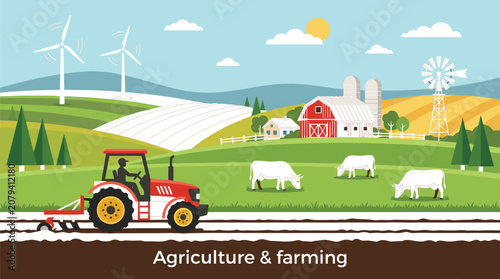 Agriculture and Farming Vector Illustration with Tractor, Barn, Wind Turbines, Cows, Silos and Green Countryside Landscape Banner