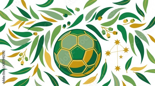 Australia Soccer Crest Vector with Eucalyptus Leaves and Southern Cross Constellation, Australian Football Ball Emblem in National Green and Gold Colors, Sport Apparel Graphic Element