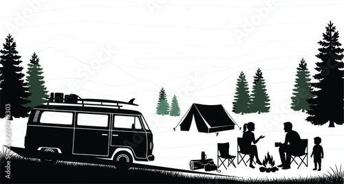 Family Camping Vector Silhouette with Van, Tent, Campfire and Pine Trees Showing Outdoor Adventure Travel Scene