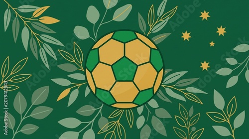 Australia Soccer Crest Vector with Eucalyptus Leaves and Southern Cross Constellation, Australian Football Ball Emblem in National Green and Gold Colors, Sport Apparel Graphic Element