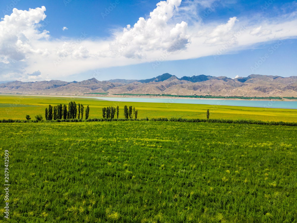 Fototapeta premium Aerial View of Kalatuohai Lake and Reservoir in Yili, Xinjiang, China