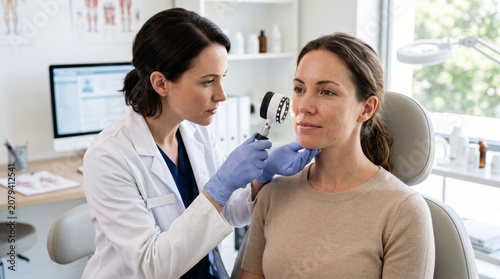 A female dermatologist examines a woman's skin using a dermatoscope, emphasizing a professional healthcare setting.