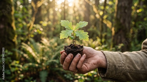 Hands Holding Young Plant Seedling in Soil with Sunlight – Environmental Conservation and Sustainable Growth