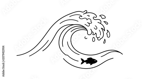 Minimalist hand drawn sketch of a single ocean wave with a small fish.