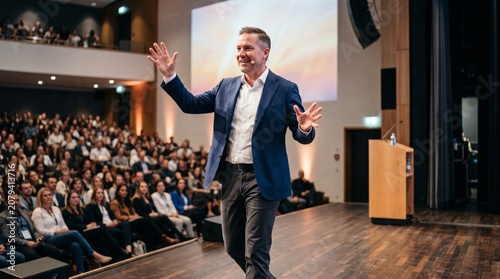 A confident male speaker engages a large audience during a dynamic presentation in a modern auditorium.