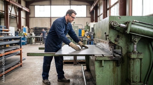A focused male worker in protective gear operates a metal shearing machine in a spacious industrial workshop.