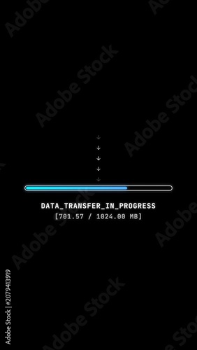 Vertical Data Transfer in Progress Loading Bar Animation with Counter on Black Background