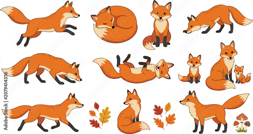 Obraz premium Cute red fox character vector collection featuring various poses running sleeping jumping sitting family kit and autumn leaves for forest woodland nature design projects