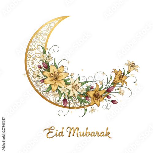 A Golden Crescent Moon Decorated With Beautiful Lilies For Eid Mubarak Celebration