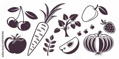 Tableau sur toile Collection of assorted fresh farm produce vegetable and fruit icons with vegetab