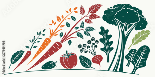 Tablou pe pânză Colorful vegetables and leafy greens line art composition with vegetable broccol