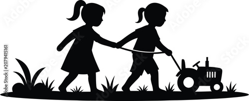 Photos Two children playing together with a small toy tractor vector illustration