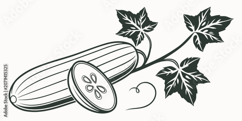 Fresh cucumber and leaves vector illustration with cross section cucumber vegetable ingredient agriculture culinary vegetarian nutrition