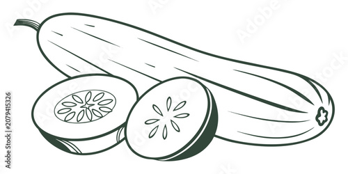 Black and white graphic illustration of cucumber and slices with cucumber vegetable vegetarian ingredient nutrition agriculture illustration