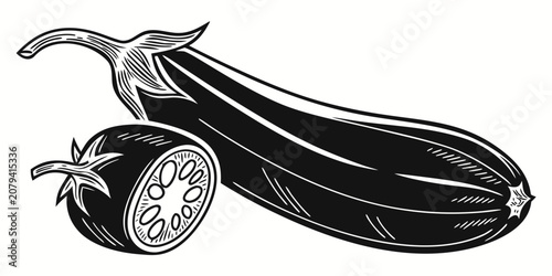 Graphic illustration of eggplant and cross section slice with eggplant aubergine vegetable vegetarian ingredient nutrition agriculture isolated