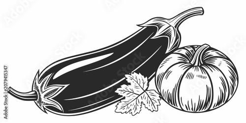 Eggplant and round squash graphic composition with leaf eggplant vegetable vegetarian ingredient nutrition agriculture illustration monochrome